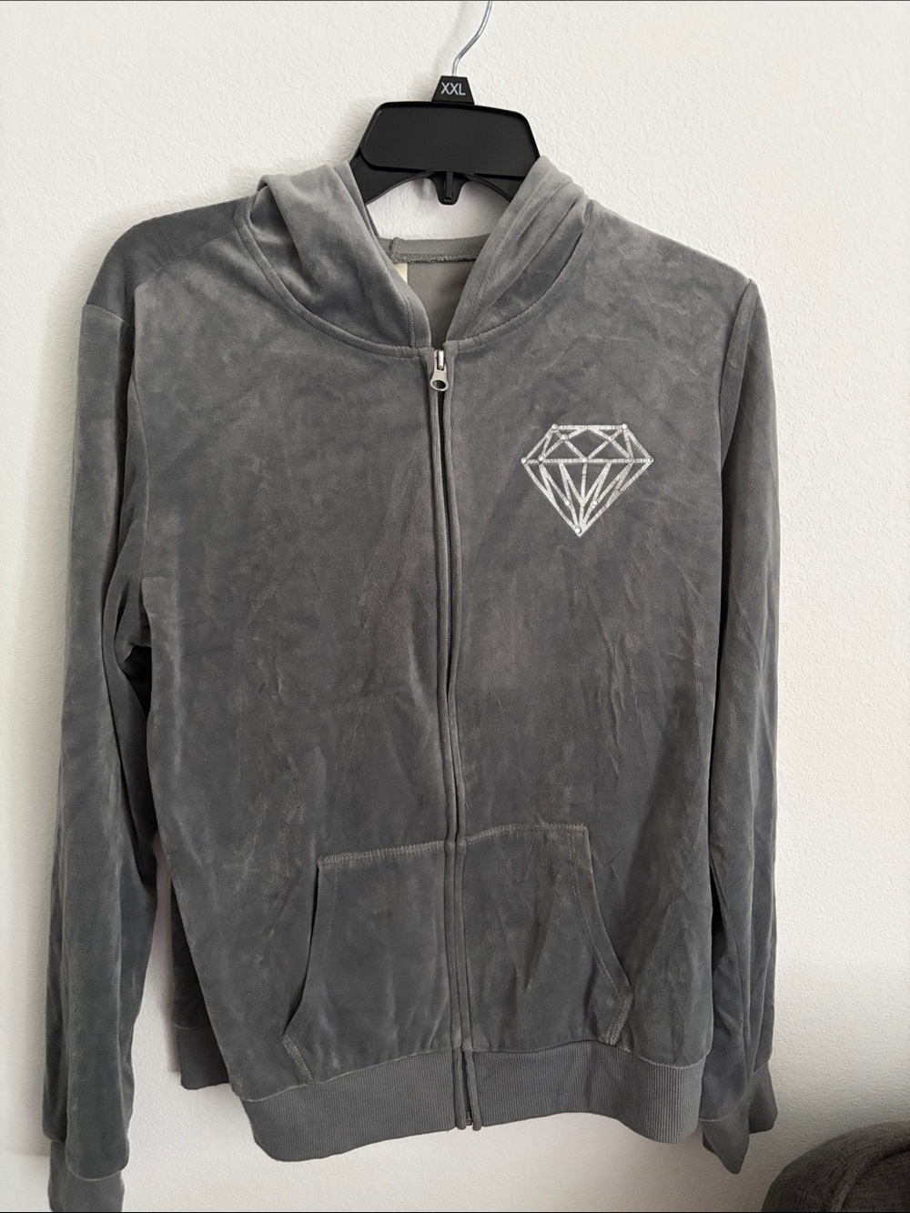 No Boundaries Gray Velour Zip Bomber with Diamond Motif